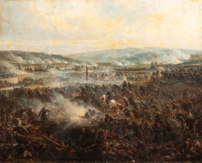 tableau représentant un grand groupe d'hommes dans un champ, avec le ciel en arrière-plan
