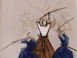 drawing of a man holding a sword in front of two other men