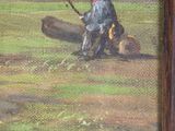 an oil painting of a woman sitting on a log in a field