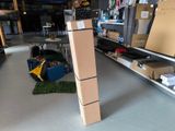 boxes are stacked on top of each other in a store