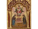 un tableau dans un cadre doré et rouge sur lequel figure une image de Jésus