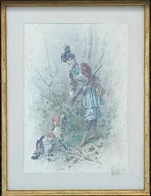 tableau représentant une femme et un chien dans un environnement boisé