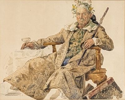 painting of an old man sitting in a chair with a glass of wine