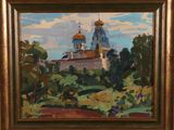 an oil painting of a church on a hill with trees in the foreground