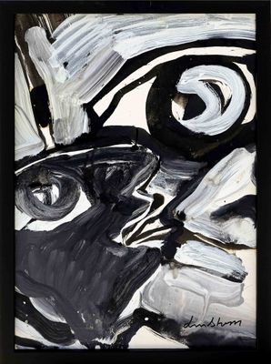 peinture abstraite en noir et blanc représentant un homme portant un chapeau et des lunettes