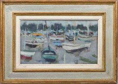 a painting of boats in a harbor on the water