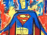 tableau représentant un super-héros debout devant un fond rouge et bleu