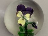 un bol en verre contenant une fleur violette et blanche