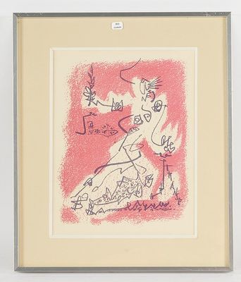 lithographie encadrée et montée sur passe-partout représentant une femme en robe rose