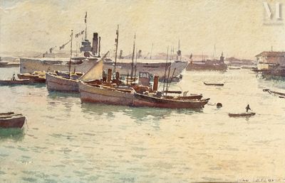 une peinture d'un port avec des bateaux dans l'eau