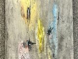painting of a group of people walking down a street with a dog