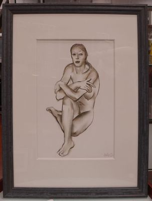 dessin encadré représentant une femme nue assise à genoux