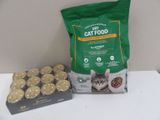a bag of cat food next to a box of cookies