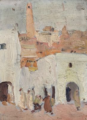 une peinture à l'huile représentant des personnes marchant devant un bâtiment blanc