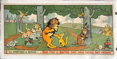 a poster of a lion and other animals in a forest