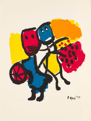 an image of a painting of two people with a basket of fruit