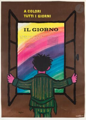 a painting of a child looking out a window at a rainbow