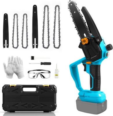 une tronçonneuse bleue et noire accompagnée d'une paire de gants, de gants et d'autres outils