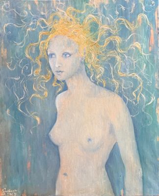 an oil painting of a woman with long blonde hair standing in front of a blue background