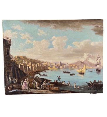 painting of a view of a harbor with boats and people on the shore