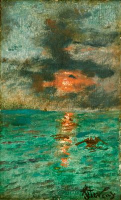une image d'un tableau représentant un coucher de soleil sur une étendue d'eau