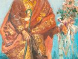 an oil painting of a man holding a bunch of flowers in his hand