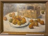 un tableau représentant une assiette d'oranges posée sur une table