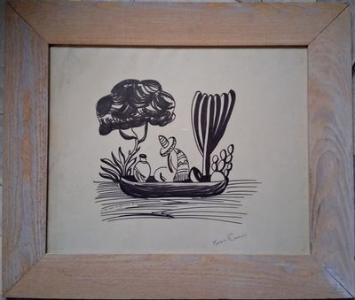 Dessin, encre sur papier, (39x49 cm), « Mexicain sur une bar…