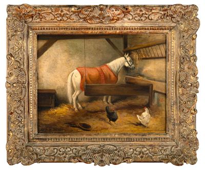 painting of a horse in a stable with chickens and chickens