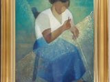 an oil painting of a woman sitting in a chair with her hands clasped