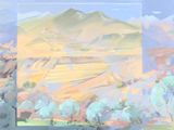 painting of a painting of a landscape with mountains in the background