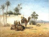 tableau représentant des chameaux et des personnages dans un décor désertique parsemé de palmiers