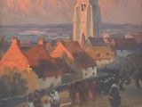 painting of a painting of a town with a clock tower in the background
