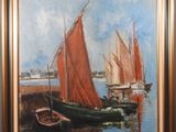 an oil painting of boats on a body of water with a sky background