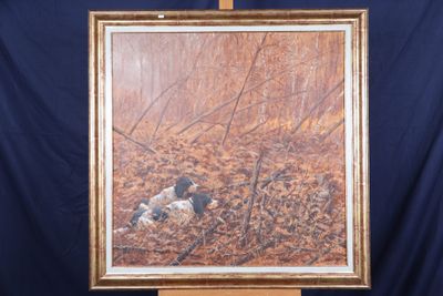 une photo d'un tableau représentant un chien dans les bois