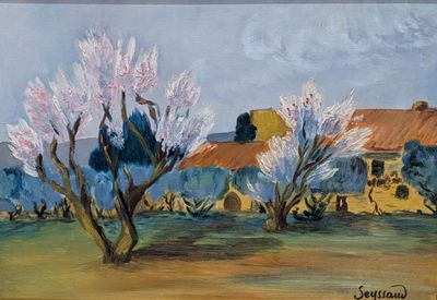 painting of a painting of a house and trees in a field
