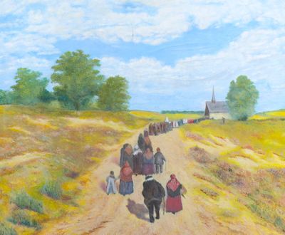 un tableau représentant un groupe de personnes marchant sur un chemin de terre