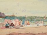 a painting of people on the beach by the water