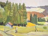 a painting of a rural scene with trees and a barn