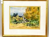 painting of a landscape with trees and bushes in a gold frame