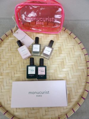 des flacons de vernis à ongles et un sac contenant des kits de manucure posés sur une table