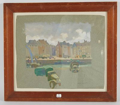 tableau représentant une vue d'un port avec des bateaux et des bâtiments en arrière-plan