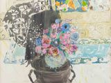 tableau représentant un vase de fleurs posé sur une table devant une fenêtre