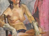 an oil painting of a woman sitting in a chair in front of a american flag