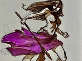 drawing of a woman in a purple dress holding a sword