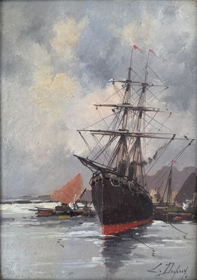 painting of a ship in a body of water with other boats in the background