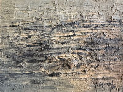 abstract painting of black and white lines on a stone wall