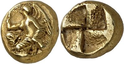a gold coin with an image of a woman holding a cross