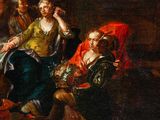 an image of a painting of a woman sitting on a bed with a man standing next to her and a man standing next to her