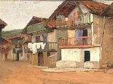 a painting of a town street with clothes hanging out to dry